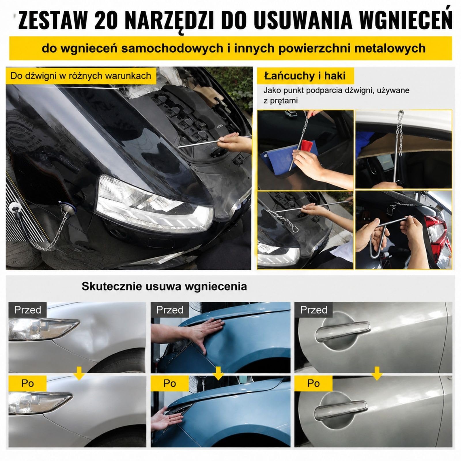 Zestaw 20 stalowych prętów do usuwania wgnieceń z torbą, młotkiem gumowym i hakami S&O do naprawy wgnieceń samochodowych i innych powierzchni