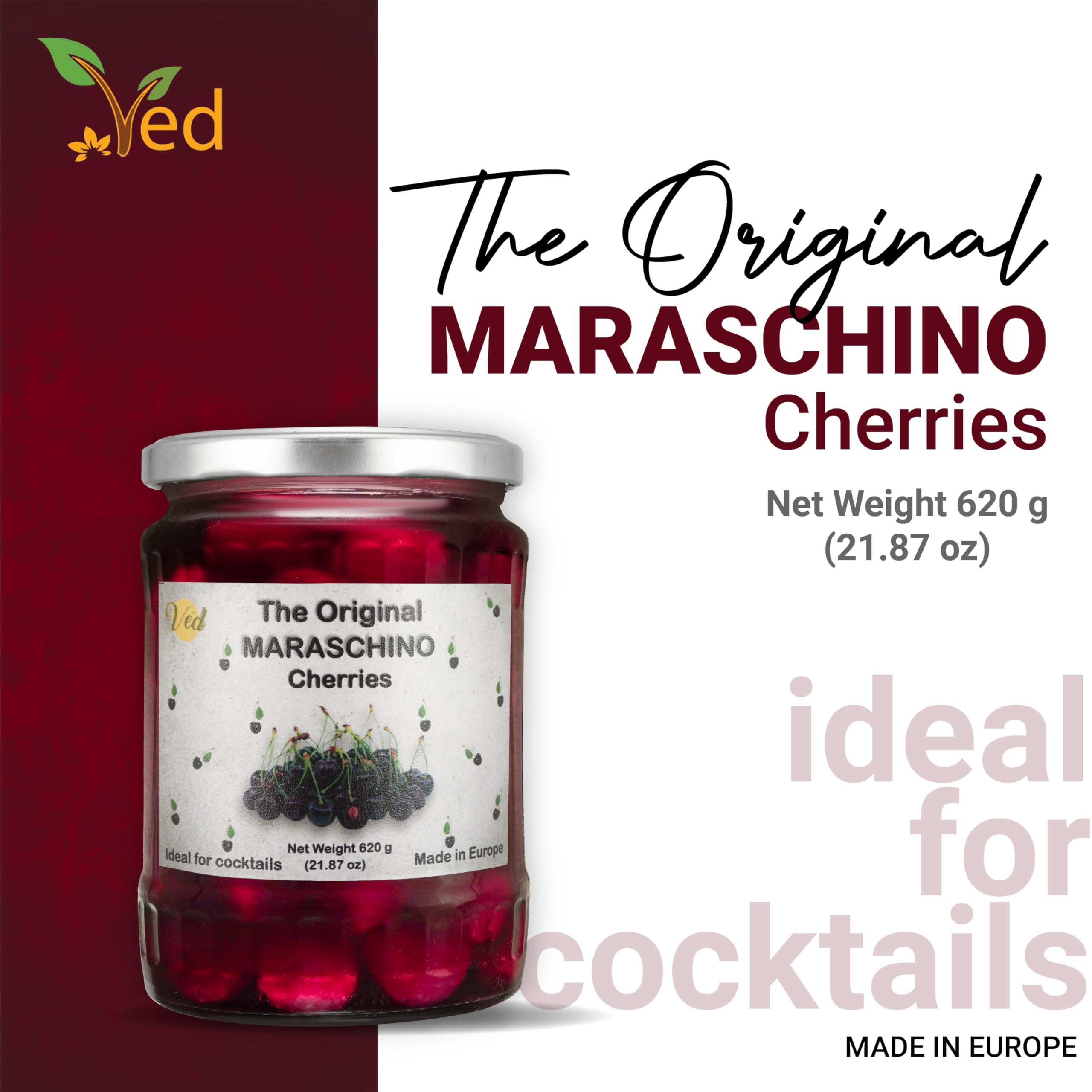 Ved Gourmet Cerezas al Maraschino Originales 620g - Cereza Italiana para Cócteles