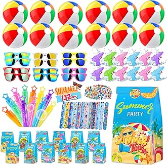 Pool Party Favors - 132PCS Summer Beach Toys for Kids Include Balls, Sunglasses Bulk, Bubble Wands - Party Supplies for Summer Birthday 4-8 8-12