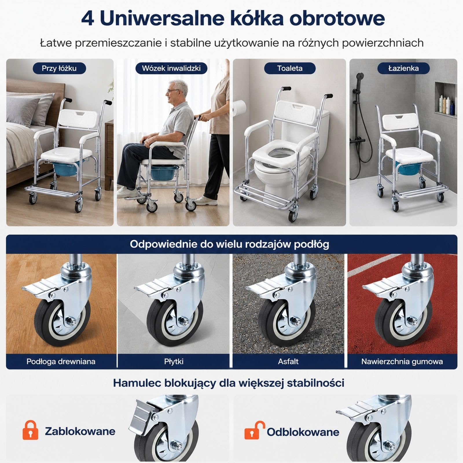 Krzesło toaletowe 4 w 1 na kółkach, wyściełane siedzisko, oparcie, składany podnóżek, wyjmowane wiadro 5 l oraz obrotowe rolki 360° do łazienki