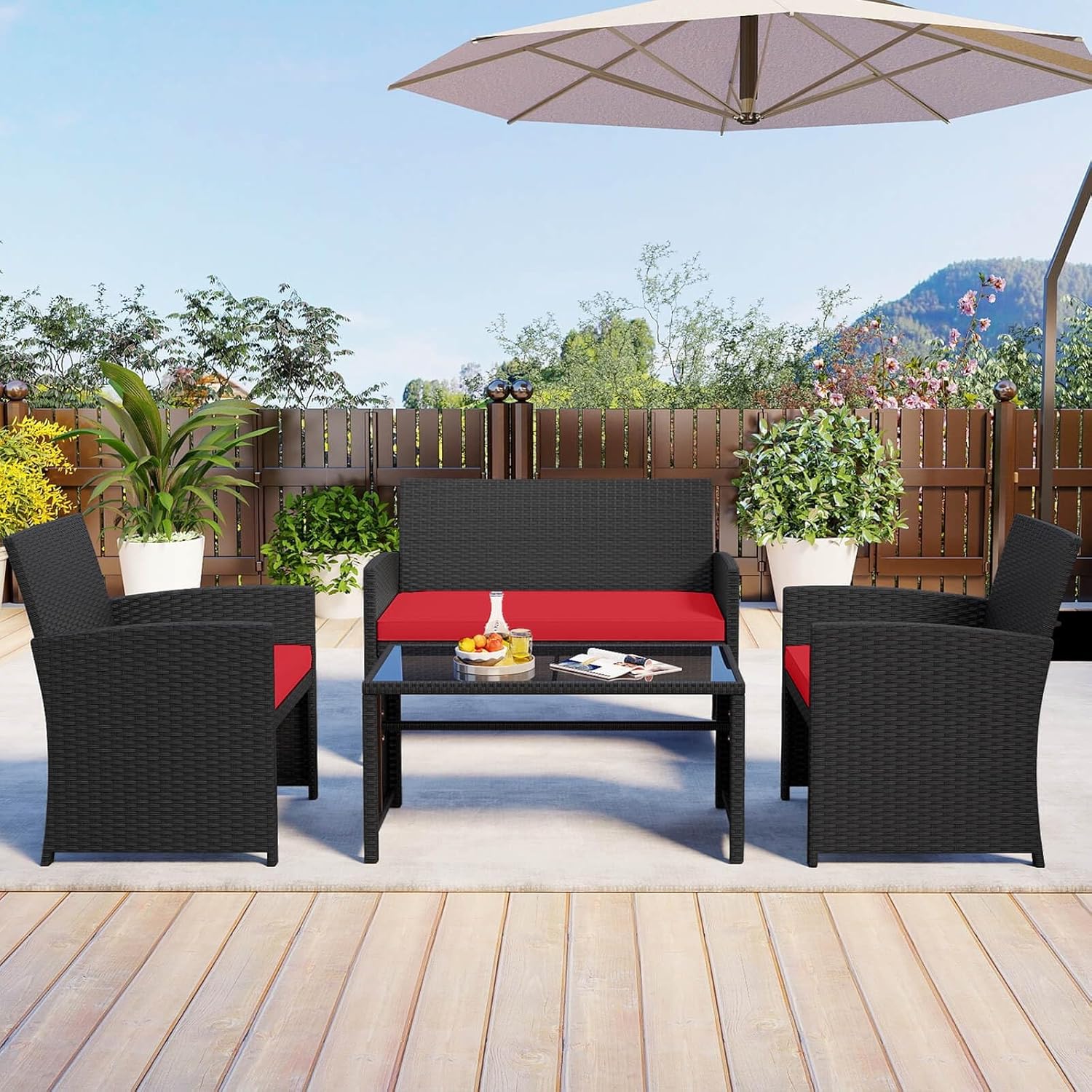 4 PCS Patio Conversation Set w/Seat Cushions & Tempered Glass Tabletop, Porch