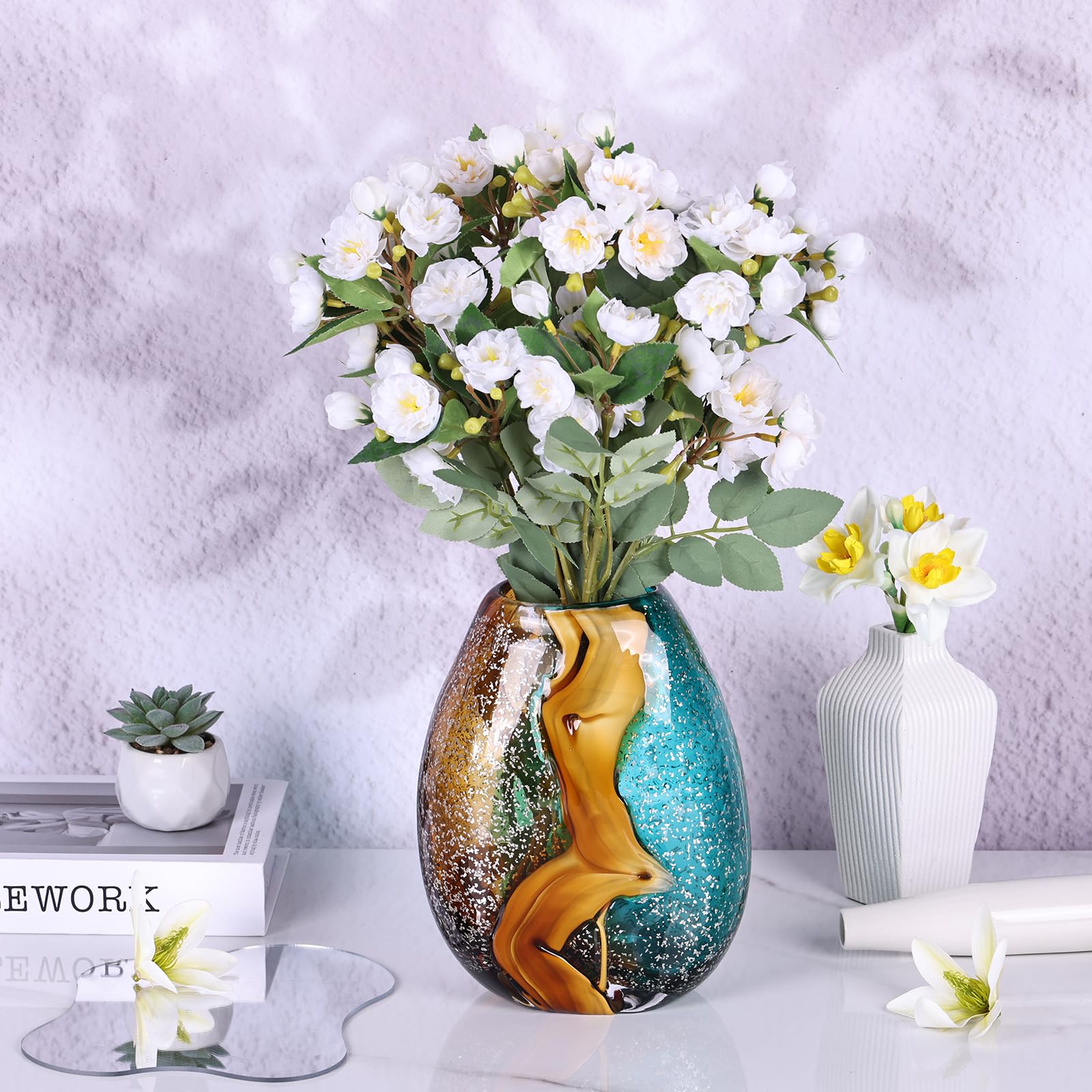 Jarrón de cristal verde azulado, jarrones de cristal verde soplado a mano, jarrones de cristal de Murano, decoración única de cristal de mesa, flores con jarrón decorativo, decoración de