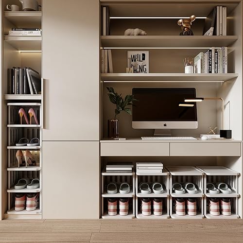 Miniatura 9 de RISETEX Zapatero de 6 niveles para piso de armario, organizador de zapatos apilable para armario de espacio pequeño, organizador de almacenamiento