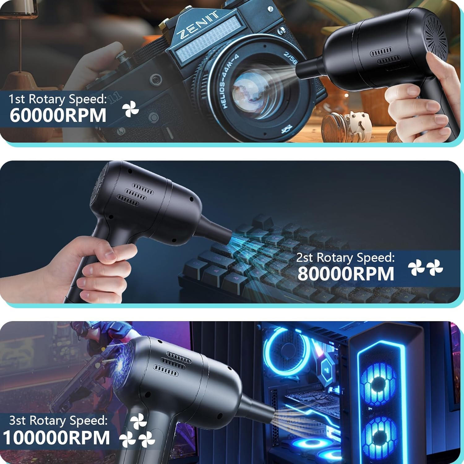 Electric Compressed Air Duster, 3-Gear Dust Blower 100000RPM Brushless for Electronics Computers PC Keyboards Non-Canned Cleaner - 7800mAh Rechargeable with LCD Display