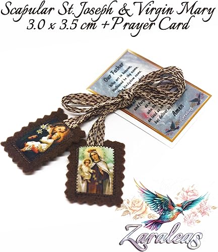 Miniatura 5 de Escapulario Católico Marrón Lana Rectangular Icono Hecho A Mano San José con Nuestra Señora Monte Carmelo por Zaraleas (1.2 in x 1.4 in)