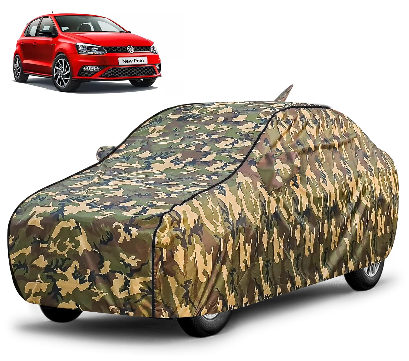 FABTEC Waterproof Car Body Cover for Volkswagen Polo with Mirror and Antenna Pocket, Triple Stitched (Military, Jungle Print, Camouflage Design)