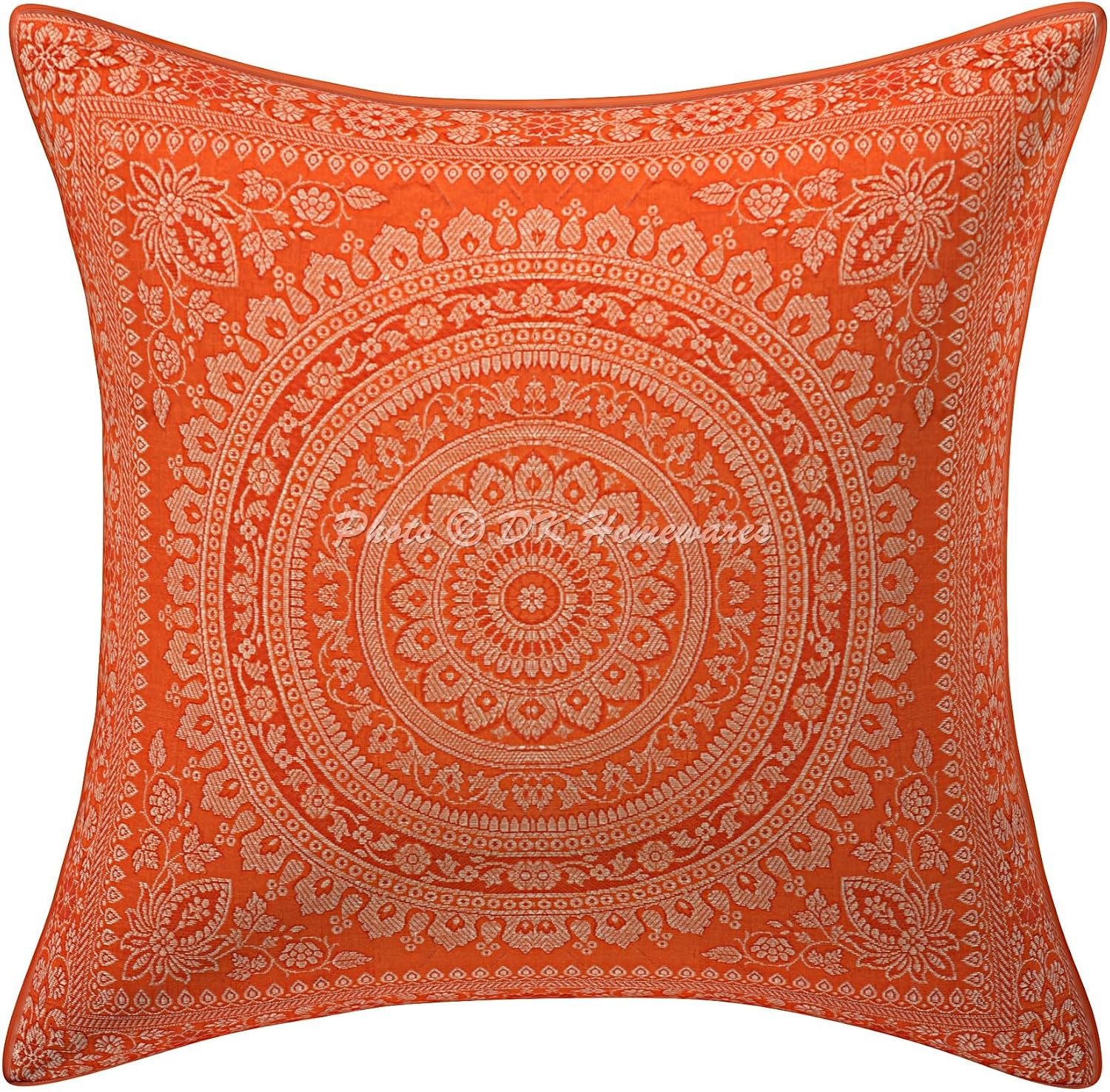 Decorative Throw Cushion Covers 16 x 16 Inch Brocade Jacquard Weave Indian Square Mandala Cushion Covers (Size - 40x40 cm ; Color: Orange & Gold) - Set of 5 Pcs (Cover Only)