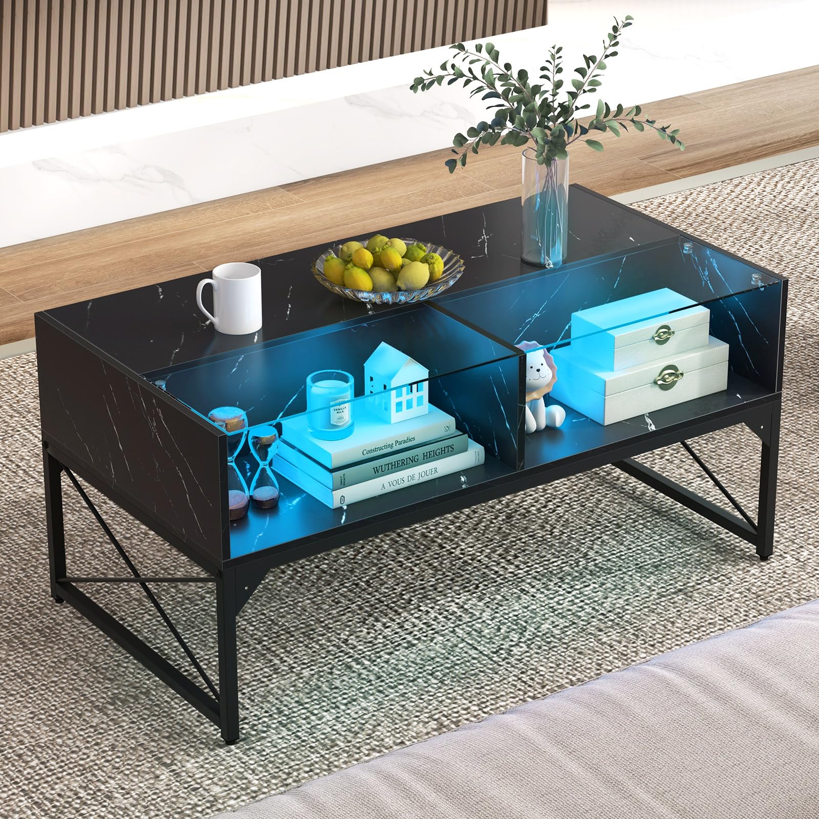 COSTWAY LED Couchtisch, Wohnzimmertisch Marmor Optik, Kaffeetisch mit einstellbaren Lichtfarben & Helligkeit, Fernbedienung und 4 Ablagefächern, Sofatisch für Wohnzimmer, 105 x 55 x 50 cm (Schwarz)