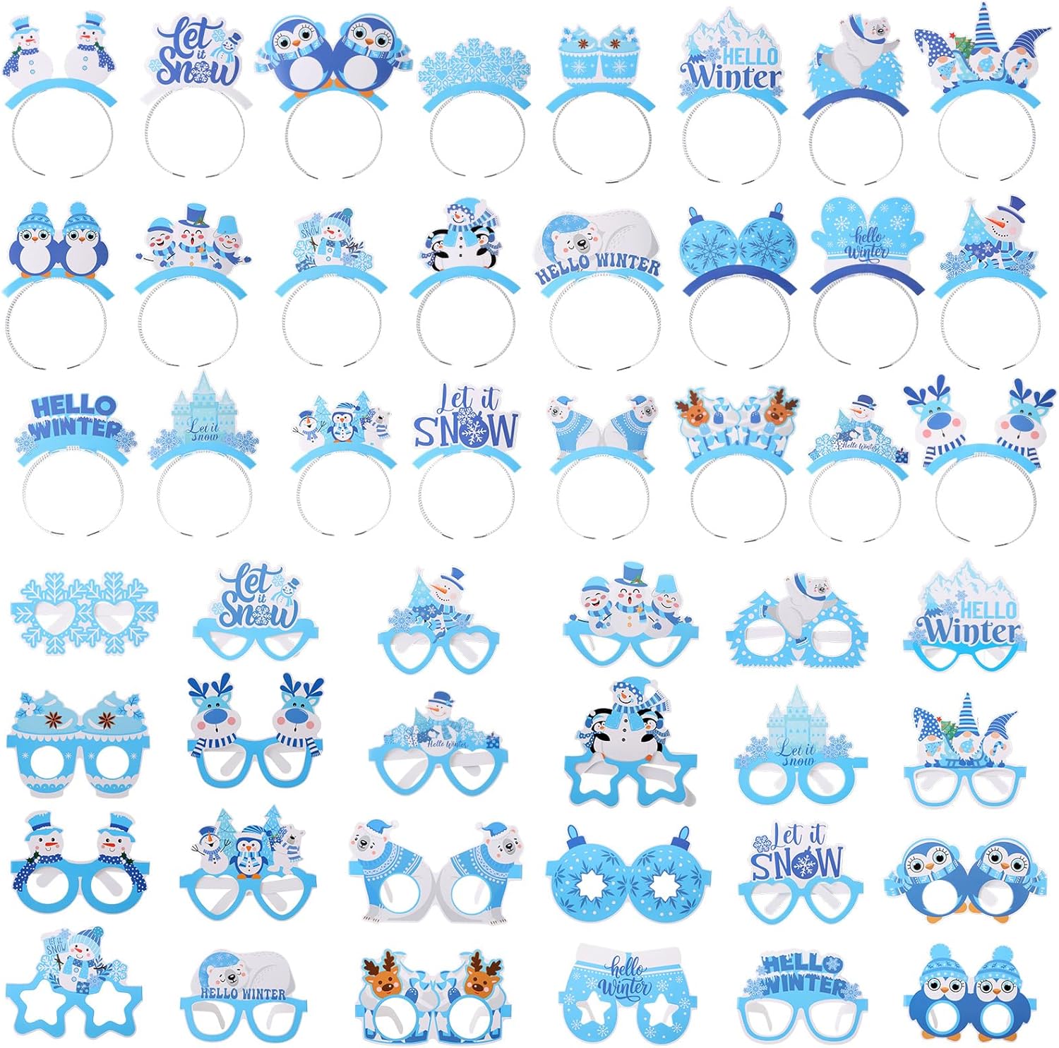 48 Pcs Winter Snowflake Photo Booth Props Glasses and Headbands Snowman Headwear Eyeglasses Hello Winter Photo Booth Props for Christmas New Year Party Supplies Decor
