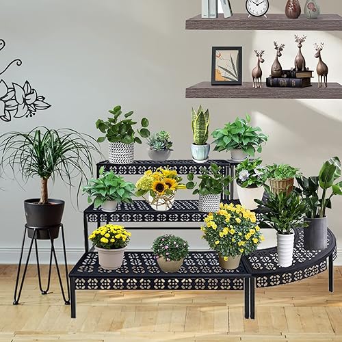 Miniatura 9 de aboxoo Soporte de escalera para plantas de 3 capas rectangulares, estilo escalera, resistente a la corrosión y a la intemperie, de metal, con patrón