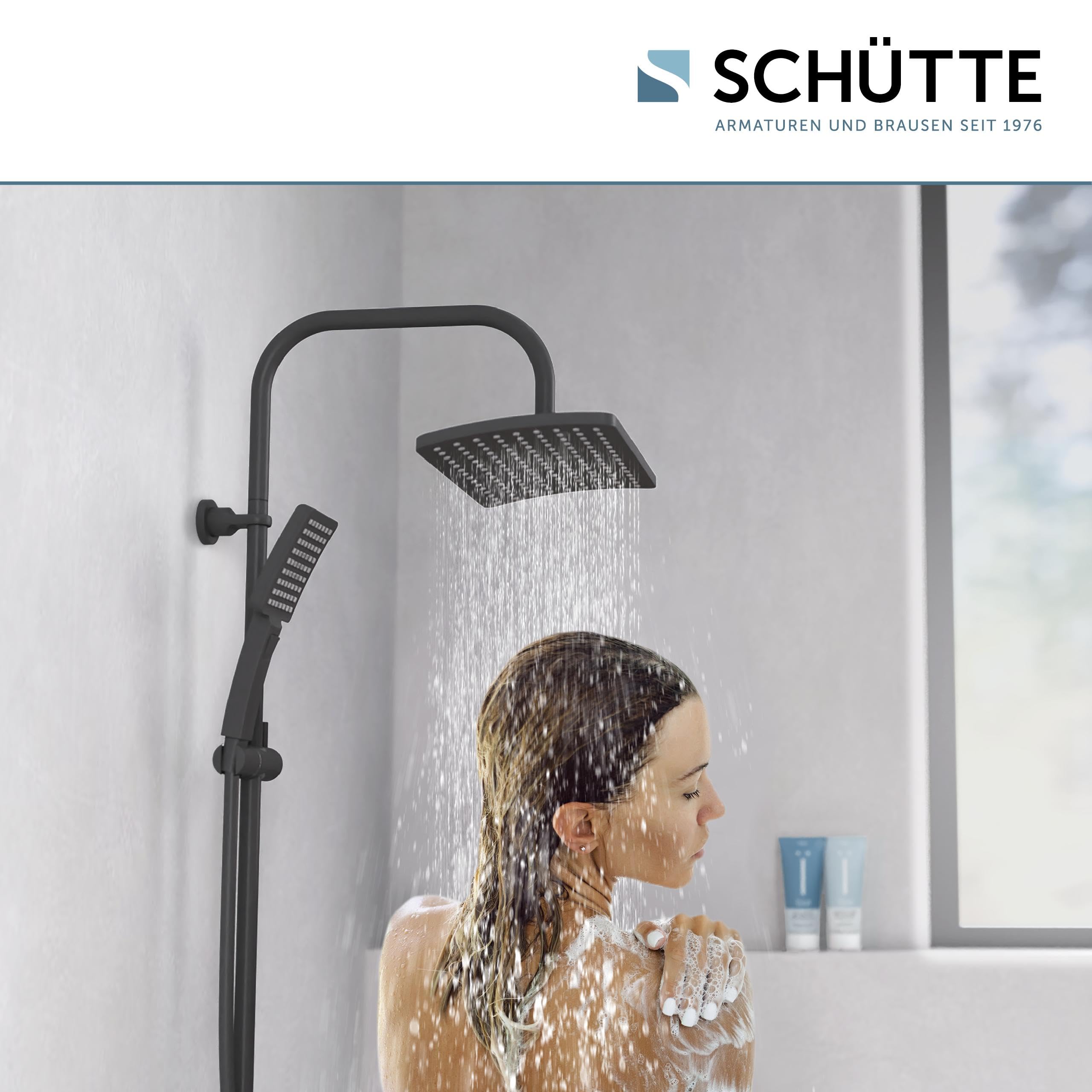 Schütte Duschset MALLORCA Duschsäule mit großer Regendusche Handbrause mit 3 Strahlarten Duschsystem ohne Armatur Schwarz Matt | 3 Strahlarten Duschsystem ohne Armatur Schwarz Matt