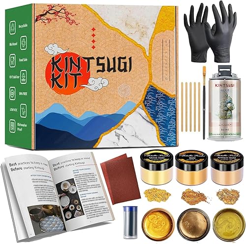 Plearty Kintsugi - Kit de reparación de oro seguro para alimentos, 1.7 fl oz, resina epoxi de 2.12 oz, polvo de mica dorado metálico, 15 páginas disponible en Yaxa Peru