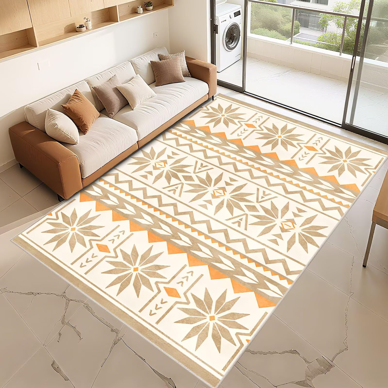 Antirutsch Teppich Bettvorleger Hellbraun 80x120cm, Nach Maß Kleine Orange ethnische Stil Geometrie Druck Design für Wohnzimmer Schlafzimmer