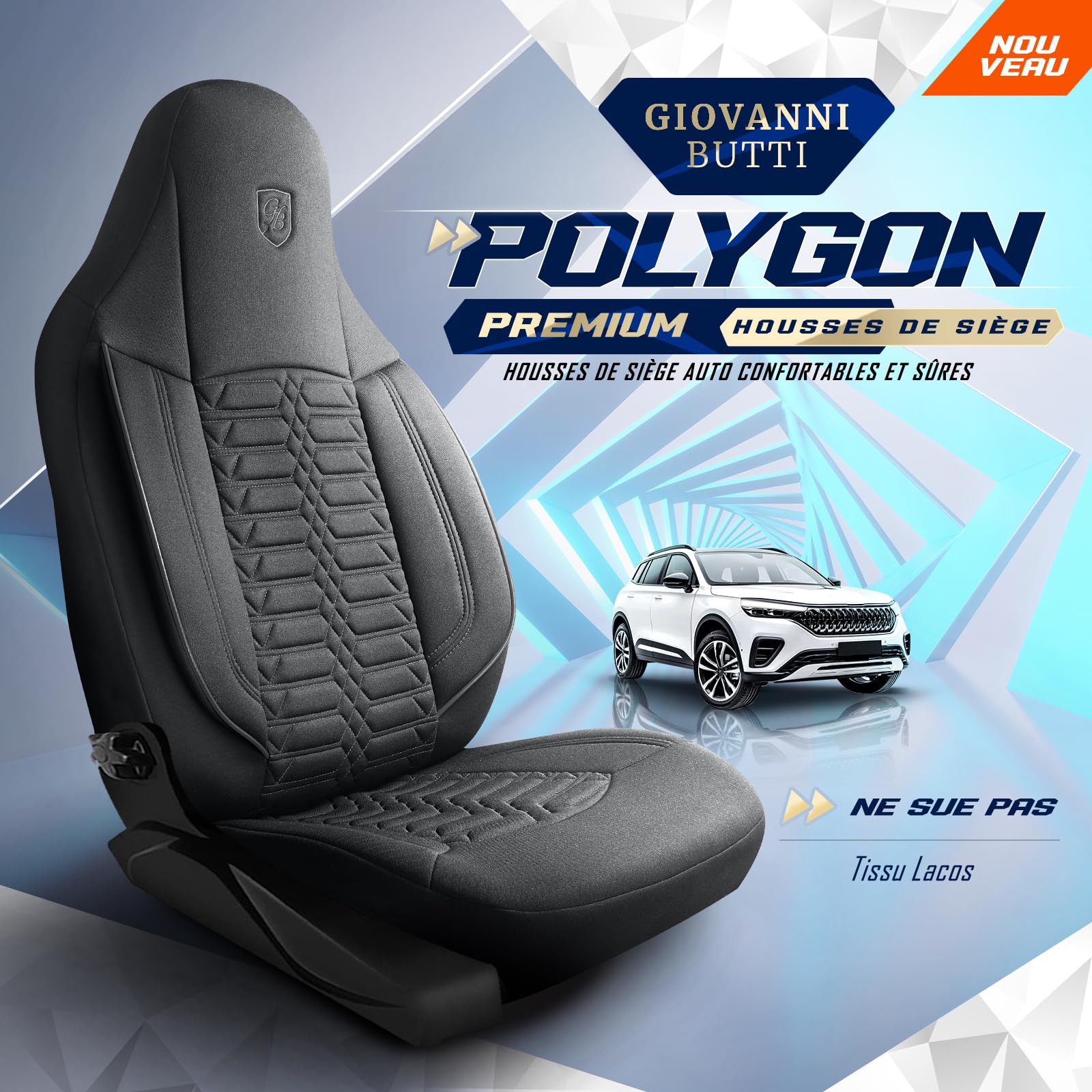Housses de sièges de voiture universelles pour PKW et SUV – Housses de sièges avant de qualité supérieure en tissu Lacoste, gris fumé, compatible avec airbag, protection de siège