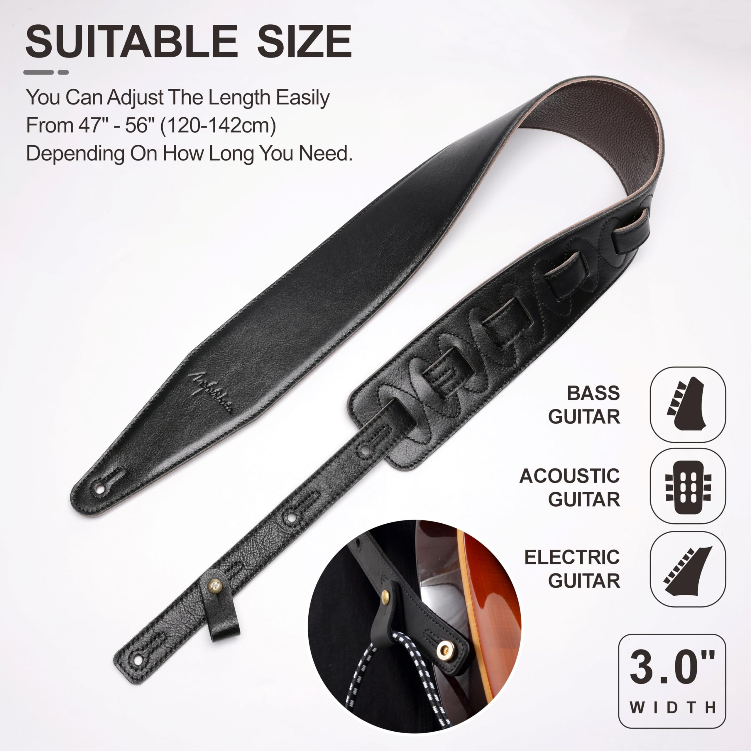 Nefelibata Correa de guitarra de 3 pulgadas de ancho, correa ajustable de piel de grano completo con acolchado de espuma para bajo, eléctrico y acústico, Negro , Einstellbar von 47" bis 56"