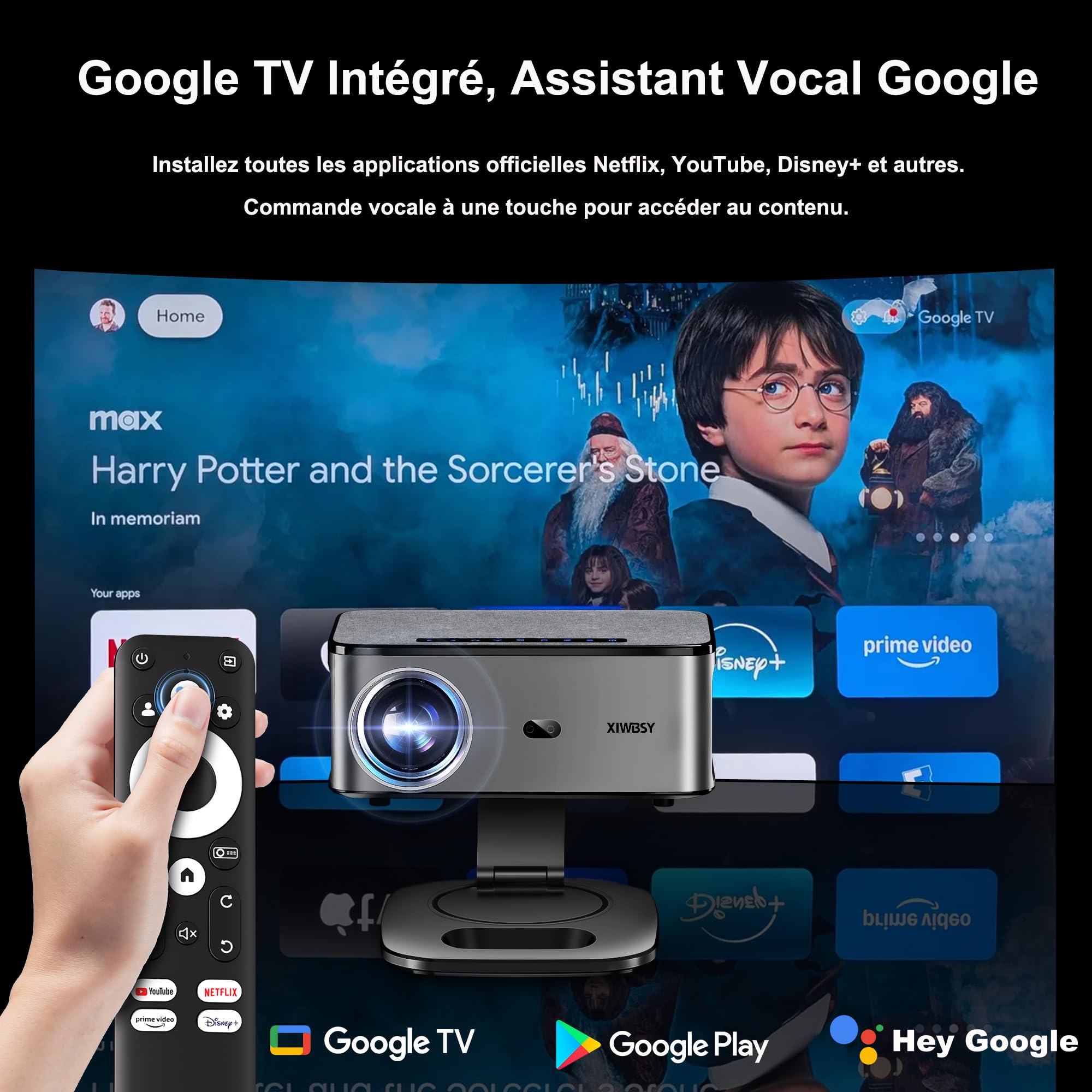 【1500 ANSI/Google TV/Autofokus】 XIWBSY Videoprojecteur 4K Supporté, 38000 Lumen FHD, 360° Rotation, Projecteur Video 4K Contrôle Vocal, Retroprojecteur WiFi6 Bluetooth
