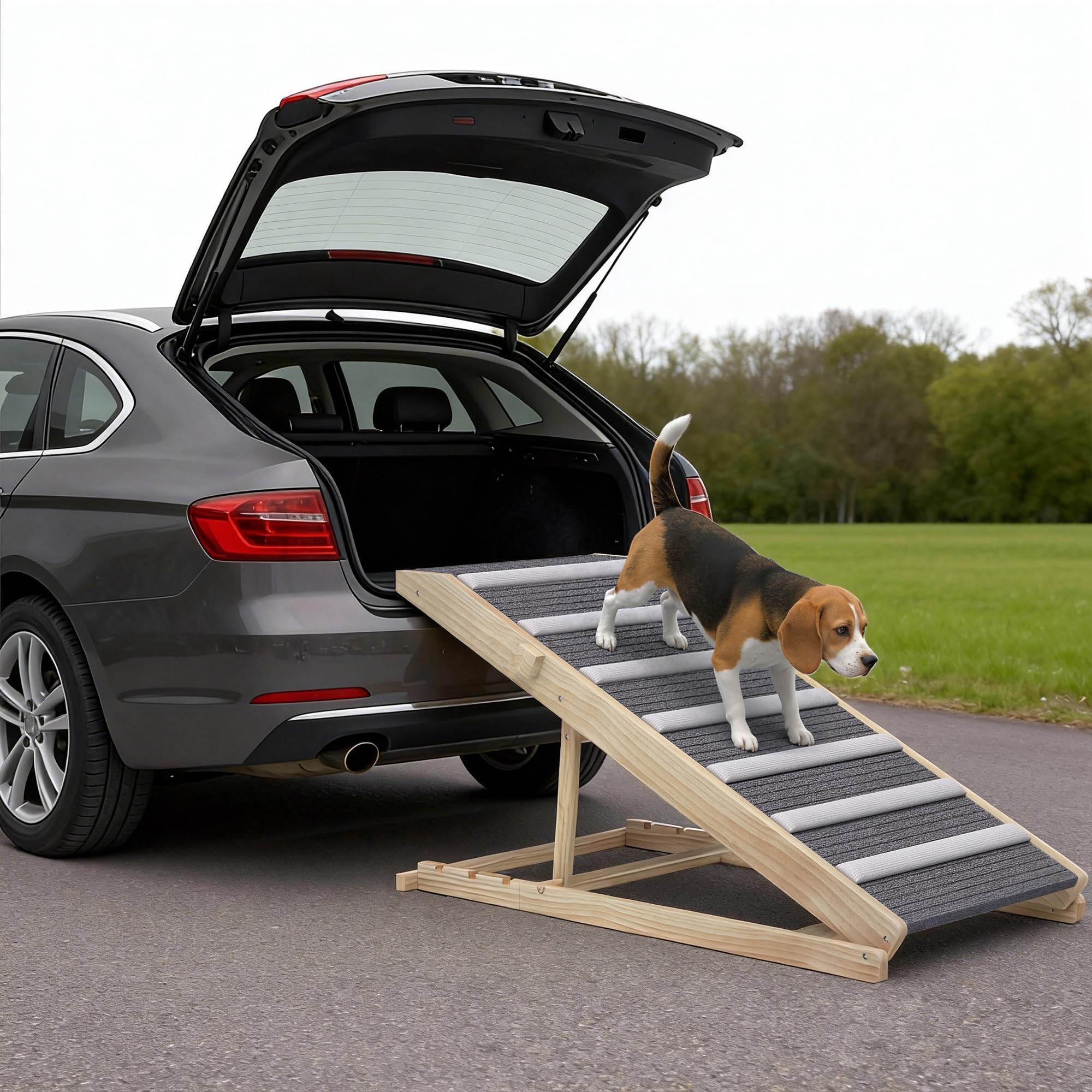 Pawhut Natural Wood Finish Dog Ramp For Car, Adjustable Folding Pet Ramp For Small Medium Large Dogs, Dog Climbing Ladder With 4 Adjustable Heights For High Bed And Sofa, Height 35/43/47/50 Cm