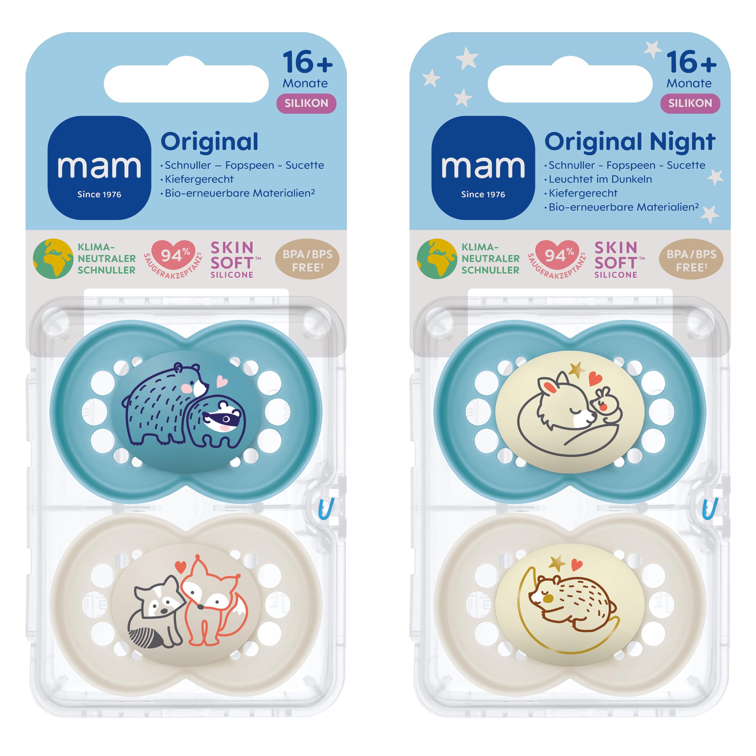 Ciucci Silicone Piatto Sviluppo Dentale MAM Set Di 4 Ciucci Originali Pure Day & Night In Materiale Sostenibile Ciucci Senza Bpa Bps