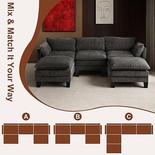 Miniatura 3 de Sofá modular de 111 pulgadas en forma de L con sofá otomano de felpilla con almohada para sala de estar, dormitorio y apartamento, 5 asientos, color