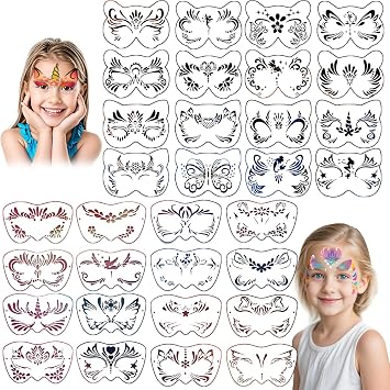 32 Pcs Reusable Face & Body Paint Stencils Kit, Face Tattoo Painting Templates for Kids Face Painting, Party Makeup, Holiday Tattoo Stencils, DIY Art Designs with Hollow-Out Patterns 32P-1220-V5