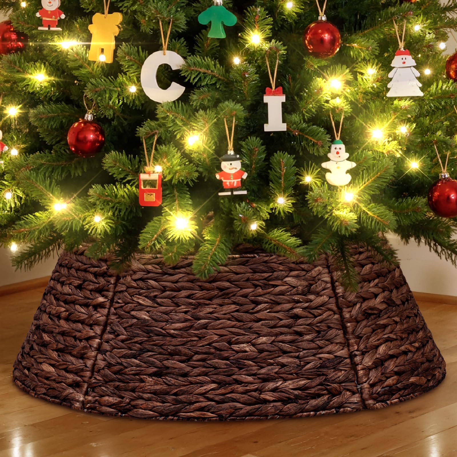 Lanpn Rattan Collana Albero di Natale 106 cm, Cerchio Gonne Albero di Natale Christmas Tree Collar Per Grande Alberi Artificiali Interno - Decorazioni Natalizie (Marrone)