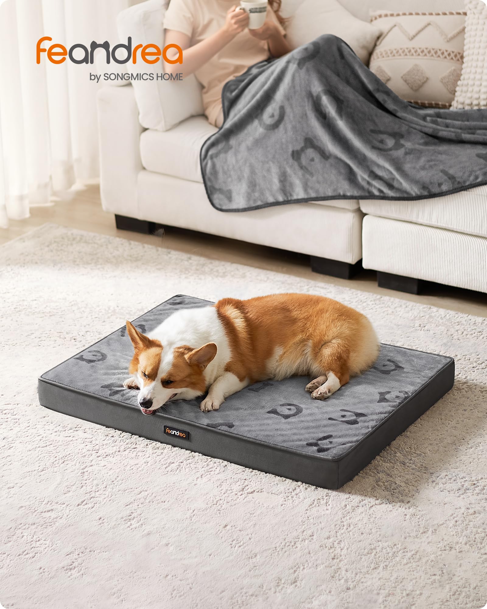 Feandrea Cuccia per Cani, Lettino per Animali, Gommapiuma Preformata Ondulata, con Maniglia, Sfoderabile, Uso a Doppio Lato, Impermeabile, Taglia L, 91 x 68 x 8 cm, Grigio Tortora PGW242G01