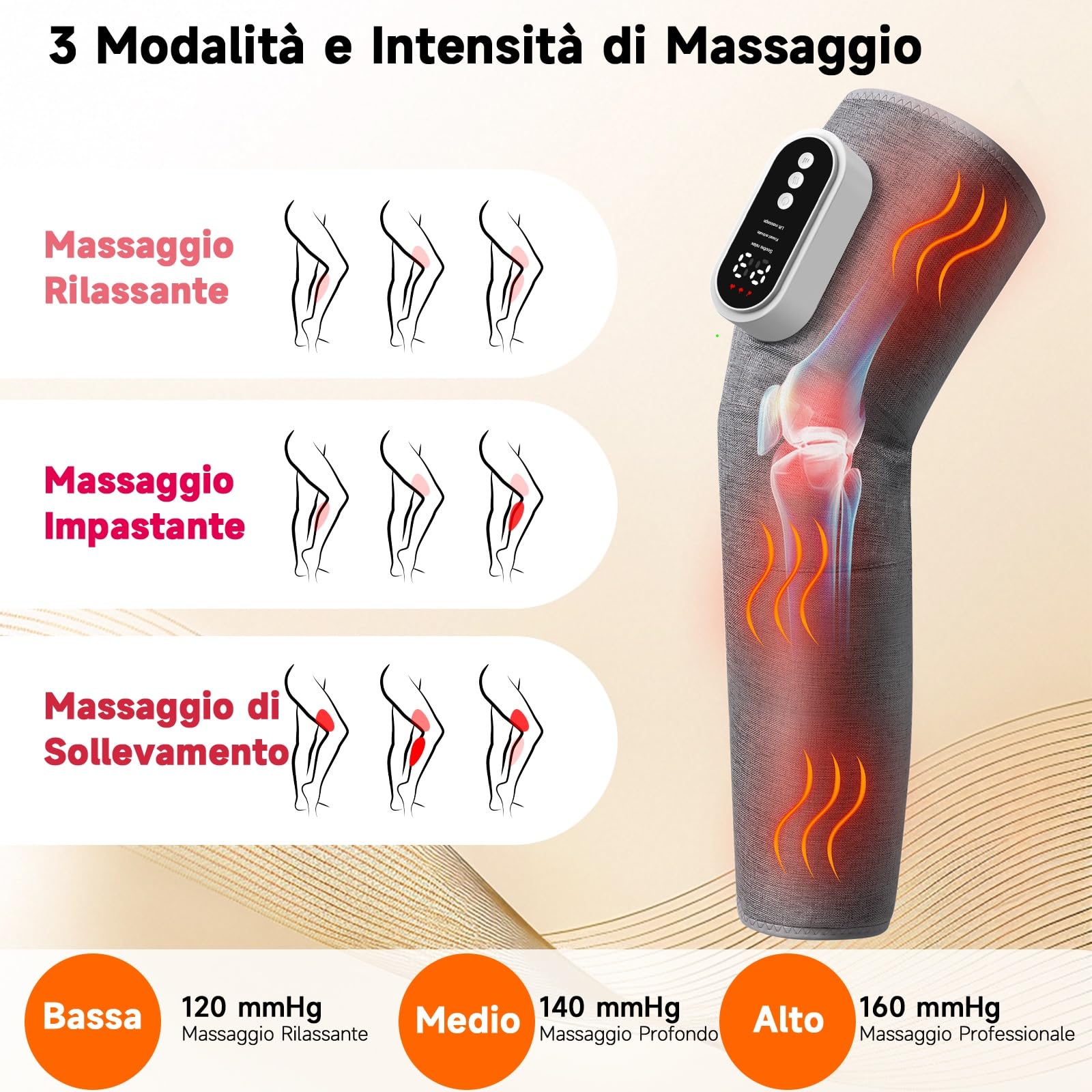 Massaggiatore per Gambe Senza Fili, Massaggiatore Airbag con 3 Modalità, Intensità, Riscaldamento del Ginocchio, Terapia Compressiva di Drenaggio Linfatico con Timer di 15 Minuti (grigio 1)