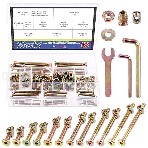 Glarks Juego de 138 tornillos de repuesto para cuna M6, tornillos hexagonales M6 x 25/35/45/55/65/75/85/3.346 in con tuercas, arandelas y