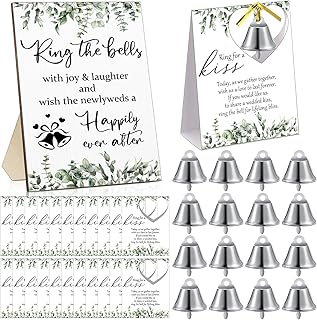 Tandefio 50 Sets Wedding Party Favors Including 1 Ring The Bells Wood Sign 50 Mini Silver Kissing Bells with 50 Seating Place Cards and Twist Ties Wedding Reception Gifts Thank You Gift for Guest
