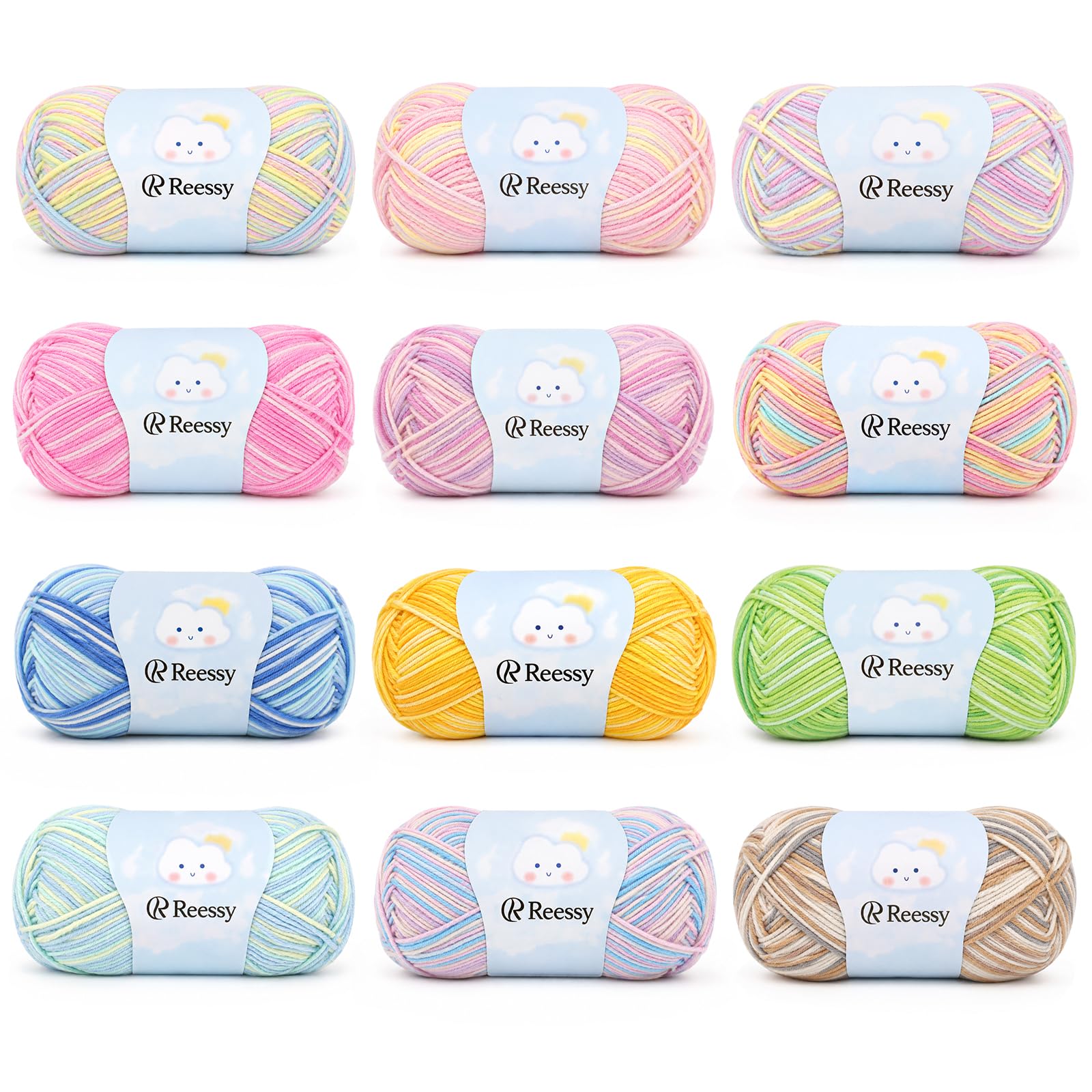 Reessy Crochet Yarn Gradient, 12×40g Knitting Wool Yarn-Colorful