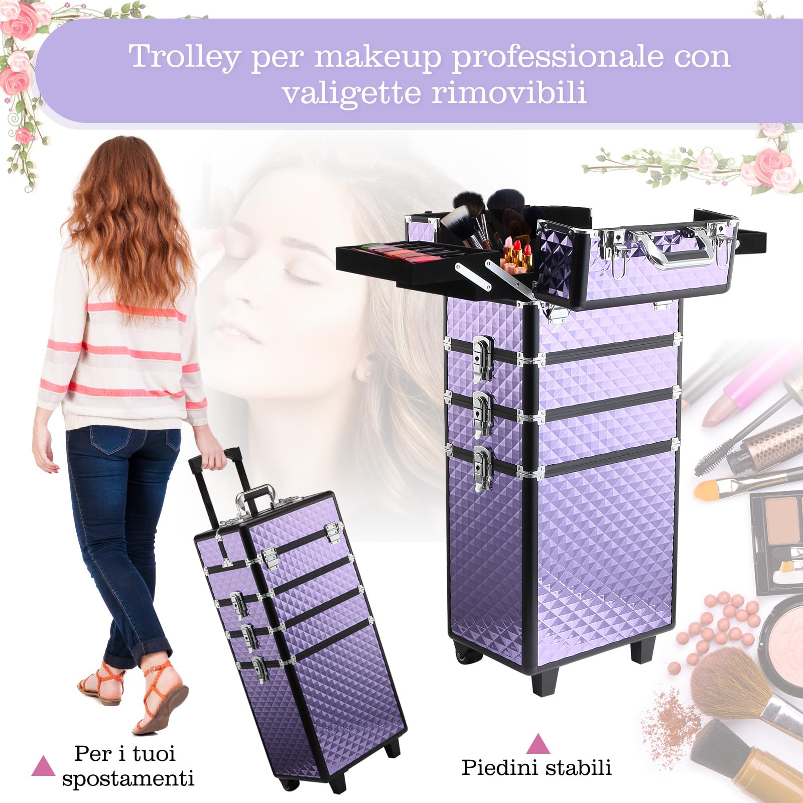 HOMCOM Valigia Porta Trucchi Professionale 2 Ruote Viola 33.5x23x76/95.5cm | Trolley Trucco Professionale, Makeup da Viaggio in Alluminio