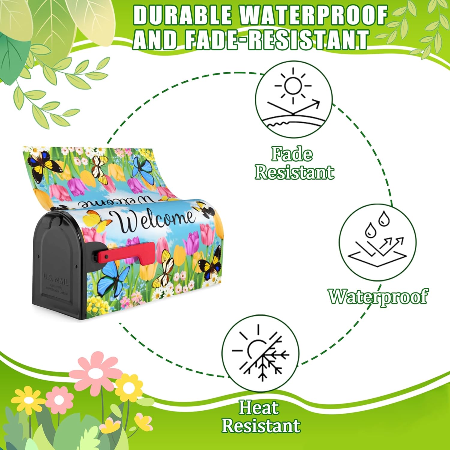 Summer Spring Flowers Mailbox Cover Magnetic Welcome Tulip Butterflies Mailbox Wraps Post Letter Box Cover for Garden Yard Home Decor Standard Size 21" x 18"