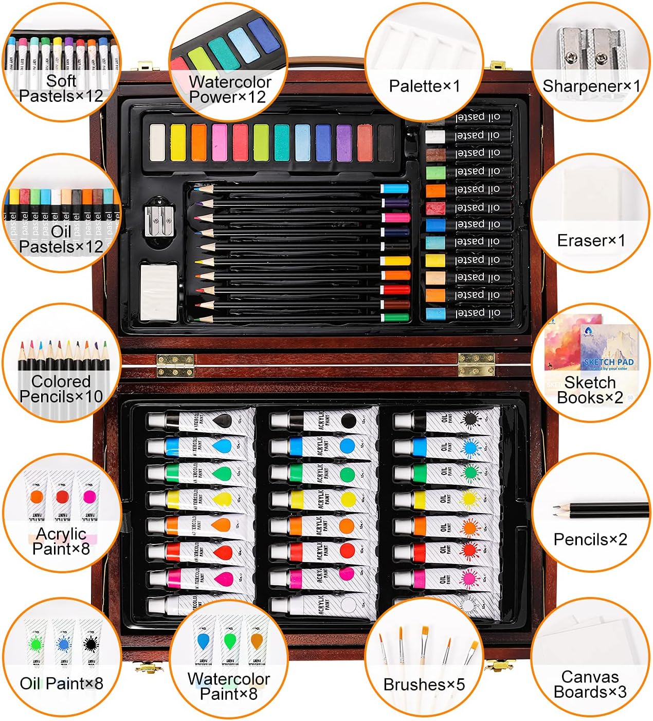 Vigorfun Art Set in Wooden Case with 2 Sketch Pads, Soft & Oil Pastels, Acrylic & Watercolor Paints, Water Color, Sketching, Charcoal & Colored Pencils, Watercolor Cakes and Tools : Arts, Crafts & Sewing
