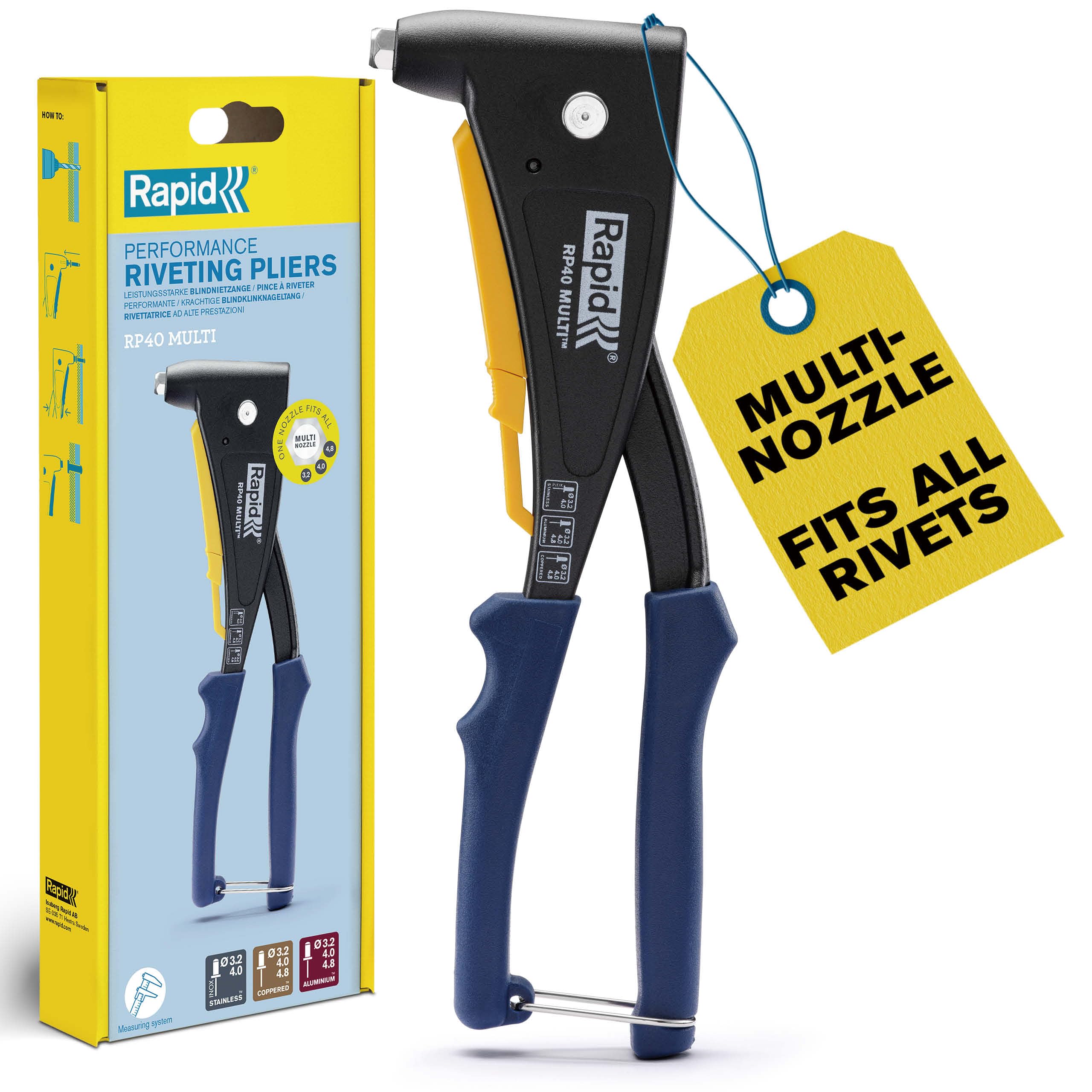 Rapid RP40 Multi-Nozzle Hand Riveter | Pop Rivet Gun for 3.2, 4.0, 4.8mm Aluminium & Stainless Steel Rivets | Heavy Duty Rivet Tool for Automotive & Metal Work (5001719)