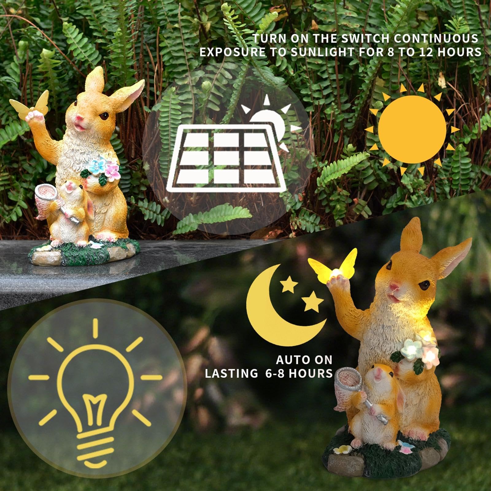 Statua da Giardino con Illuminazione Solare, Ornamento, Artigianato, Decorazione Esterna Unica, Scultura in Resina per Giardino, Giallo