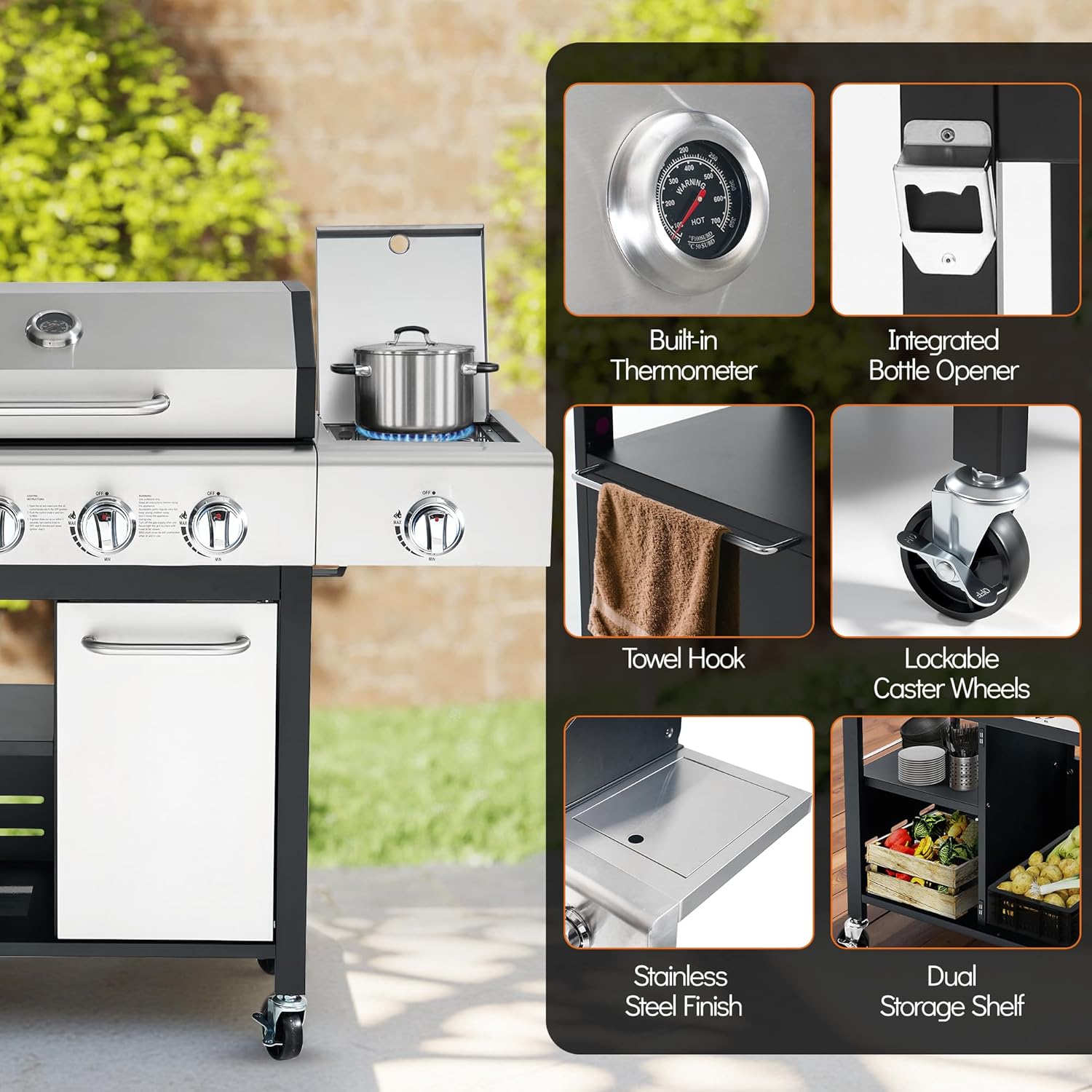 Detailed features of the SEGMART grill including a built-in thermometer, integrated bottle opener, towel hook, lockable caster wheels, stainless steel finish, and dual storage shelf.