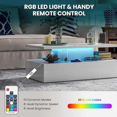 Miniatura 5 de Tangkula Mesa de centro LED, moderna mesa de centro de alto brillo con luces LED de 20 colores, velocidad y brillo ajustables, control remoto, Negro