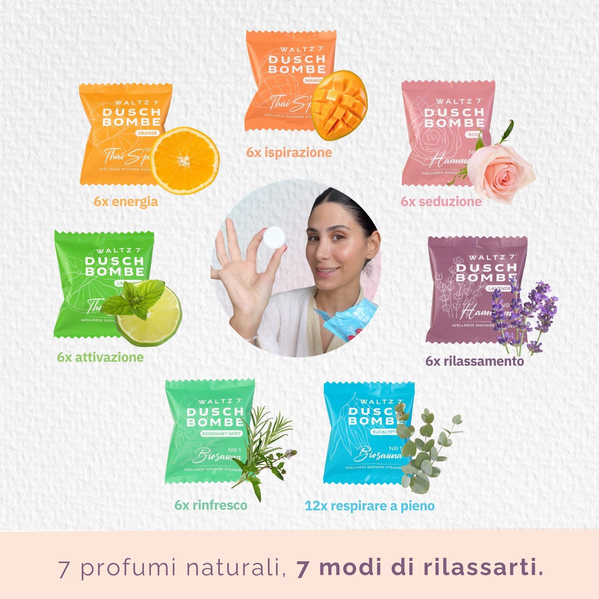 WALTZ 7 Set Bombe da Doccia 48 Pastiglie 8 Profumi Naturali Aromaterapia Oli Essenziali Regalo Donna Uomo