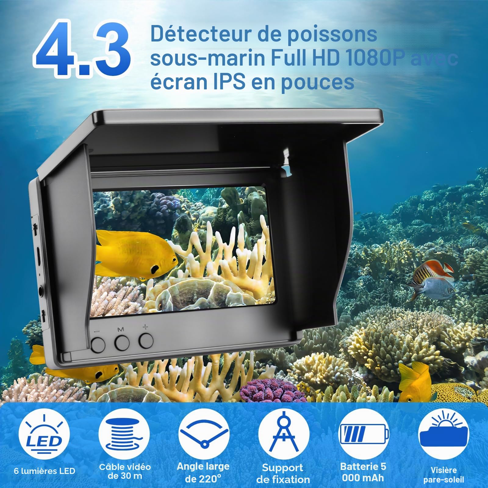 Caméra de pêche sous-marine, batterie 5000 mAh, détecteur de poissons, étanche avec écran IPS de 4,3" et câble de 30 m, vision nocturne grand angle de 220 ° pour la pêche sur glace, rivière et