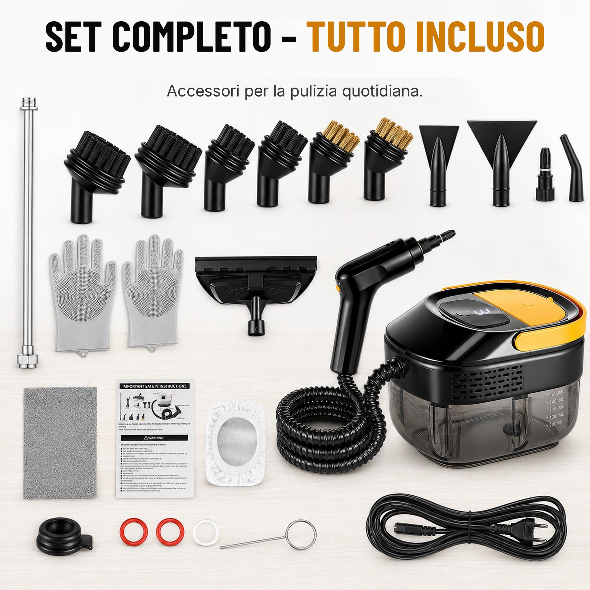 Pulitore a Vapore Portatile 17-in-1, Casa&Auto, Tempo Riscaldamento 10s, Serbatoio 1600ml, 3 Livelli Vapore Regolabili su Impugnatura, Raggio 4,5m, Accessori: Cucina, Bagno, Pavimenti, Finestre, Auto
