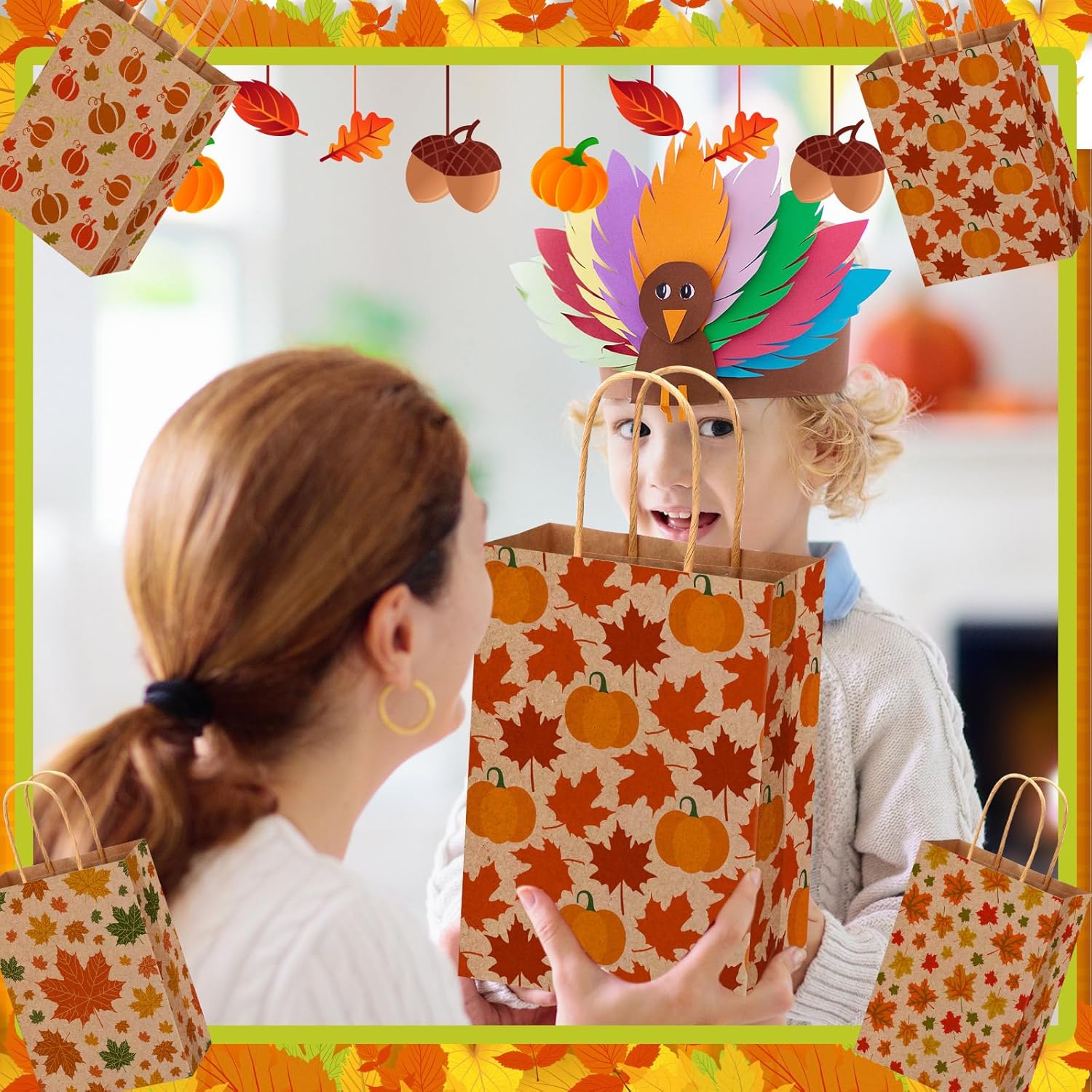 Yeaqee 100 Pcs Thanksgiving Treat Bags Bulk Maple Leaves Kraft Paper Gift Goodie Bags with Handle Fall Party Favor for Autumn Thanksgiving Presents Wrap Supplies Decor