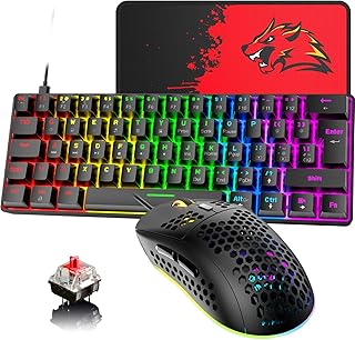 60% UK Layout Wired Gaming Keyboard and Mouse 62Keys Mini Compact Mechanical Keyboard, 19 Rainbow Backlit Full Anti-ghosting Keys+6 RGB Backlit 6400 DPI Lightweight Gaming Mouse (Black/Red Switch)
