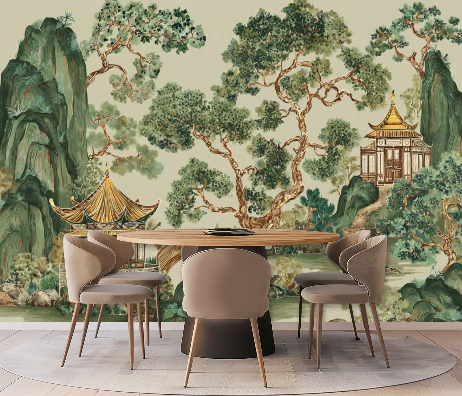 Wall Mural Peel & Stick Vintage Chinoiserie Landscape Seamless Chinese Pagoda Mountain Tree Self-Adhesive Wallpaper Removable Wall Decal Wall Sticker Home Decor for Living Room Bedroom 100"x144"