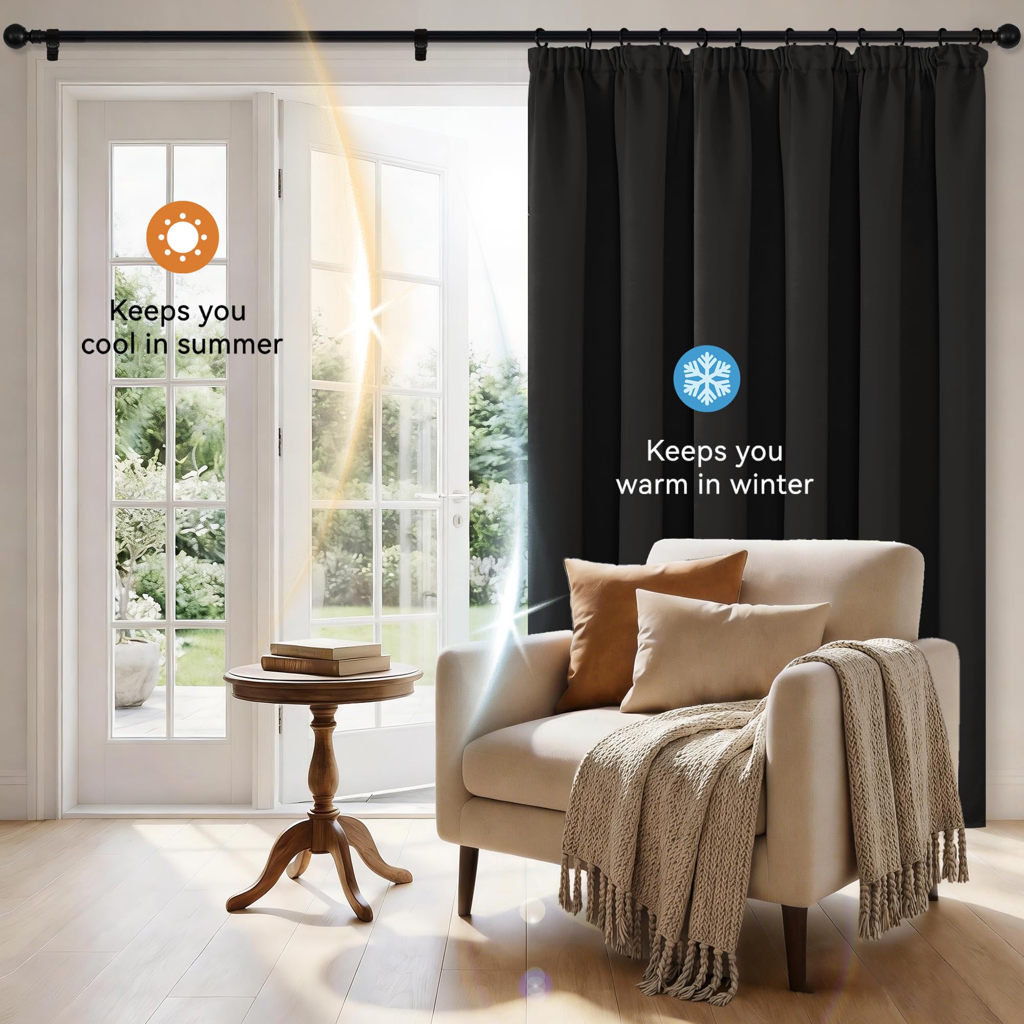 Hiasan Gardinen Verdunkelungsgardinen, Schwarz 245x140 cm(H x B), 2er Set | Thermogardinen und Kälteschutz mit Kräuselband, blickdichte Vorhänge für Wohnzimmer und Schlafzimmer inklusive Krawatten