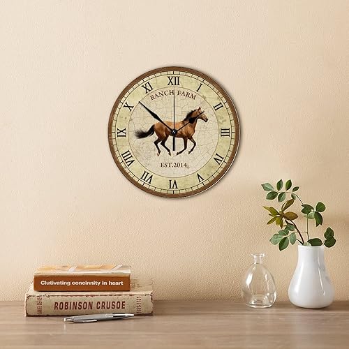 Miniatura 4 de Reloj de pared redondo de madera personalizado Est Year Ranch Farm Horse Silent con números grandes, reloj de pared estilo elegante reloj de madera