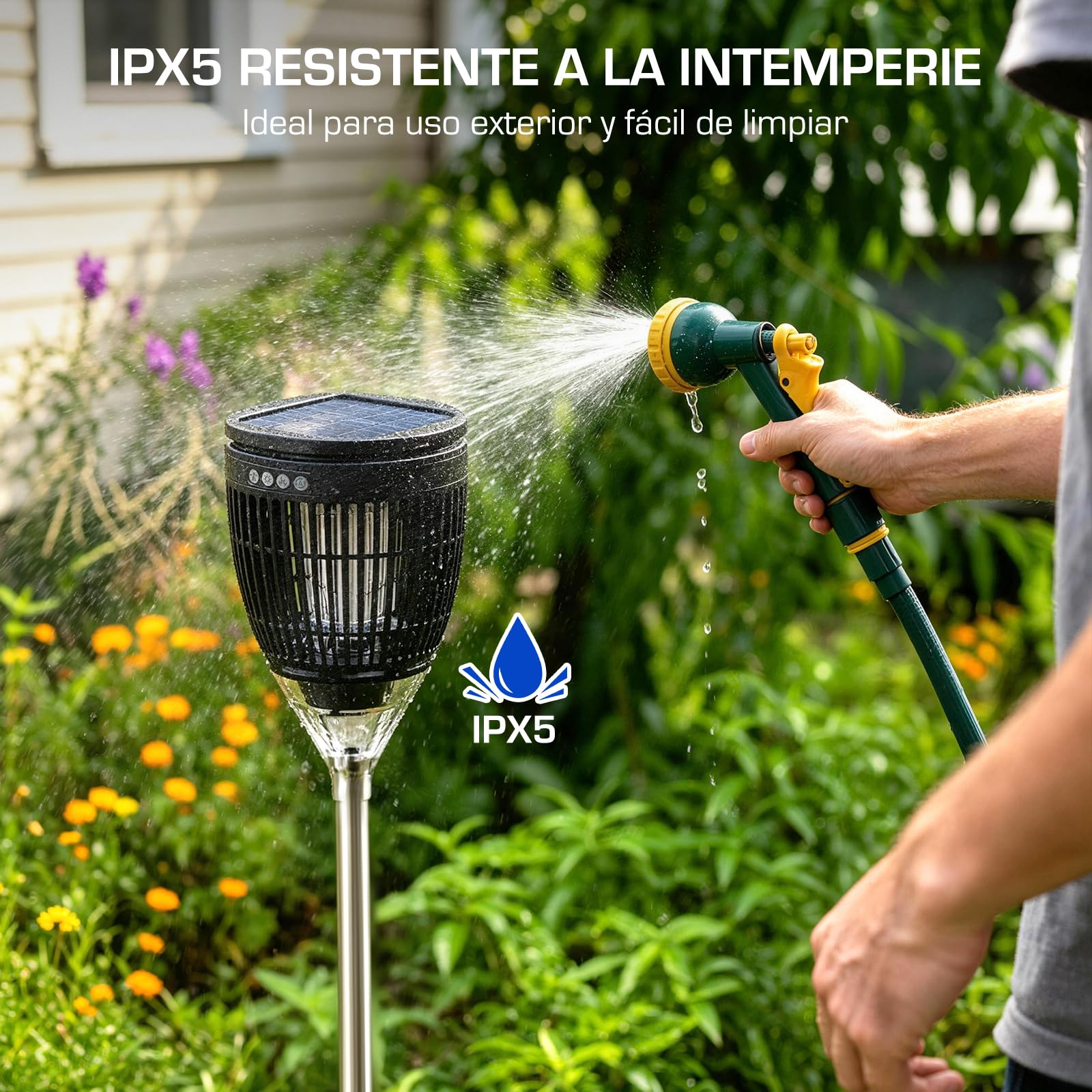 Lámpara Antimosquitos Solar de Exterior, Mata Mosquitos Eléctrico 4200V, Impermeable IPX5, Recargable USB-C, Matamoscas Eléctrico Sin Cables con Estaca para Jardín, Césped