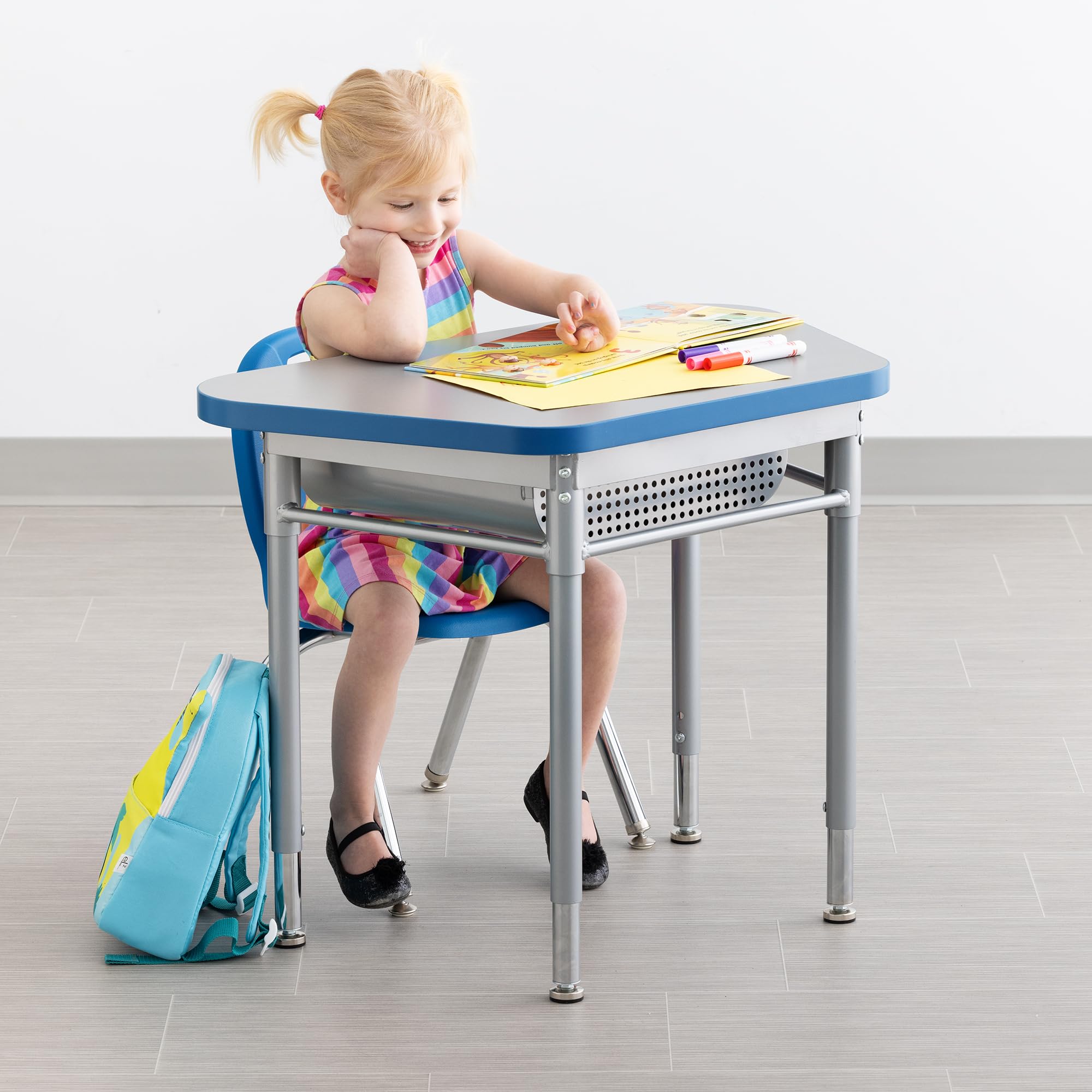 Preschool Trapezoid Open Front School Desk with Perforated Metal Book Box
