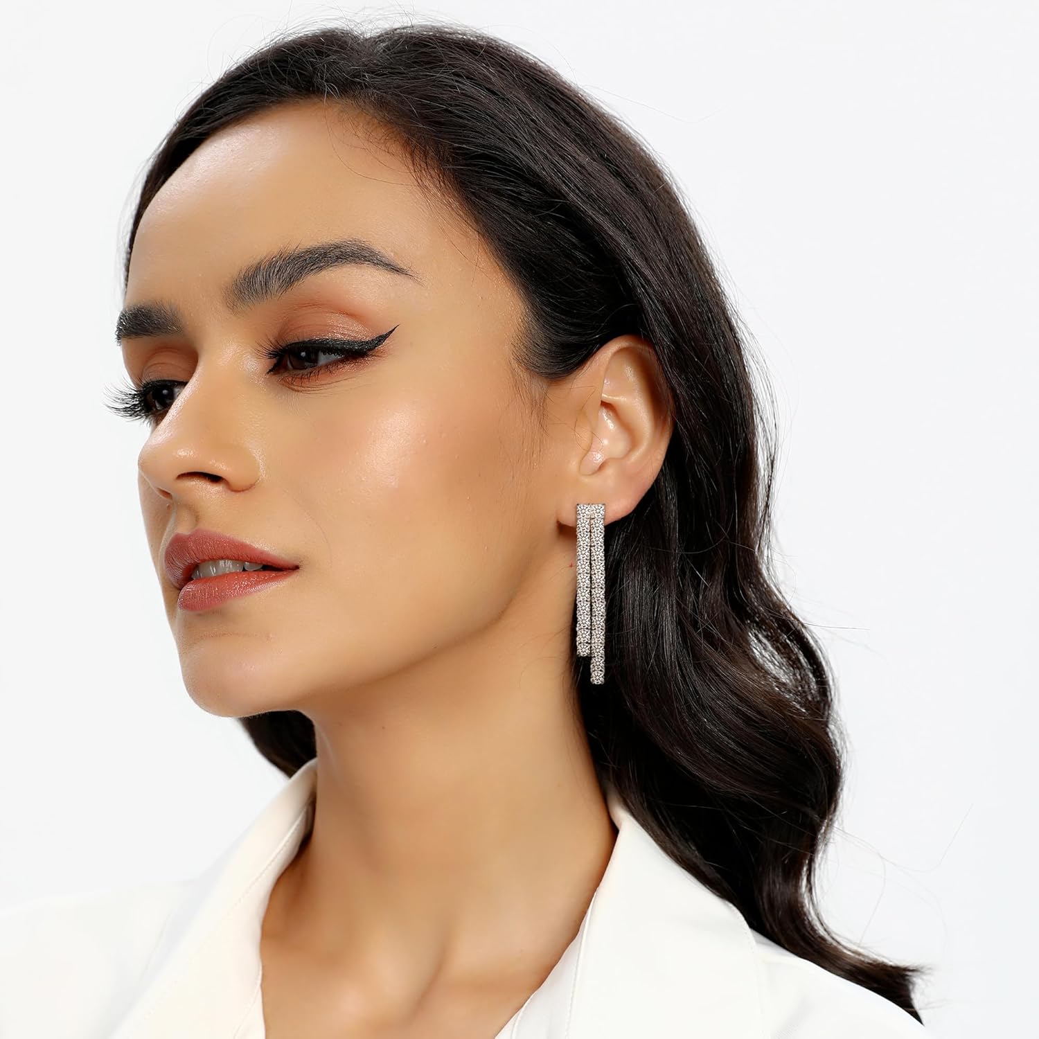 14K White Gold Drop Dangle Earrings, Double Row Linear 3mm Round Cubic Zirconias Tennis Drop Design, 1.7 inch Length - Image 5