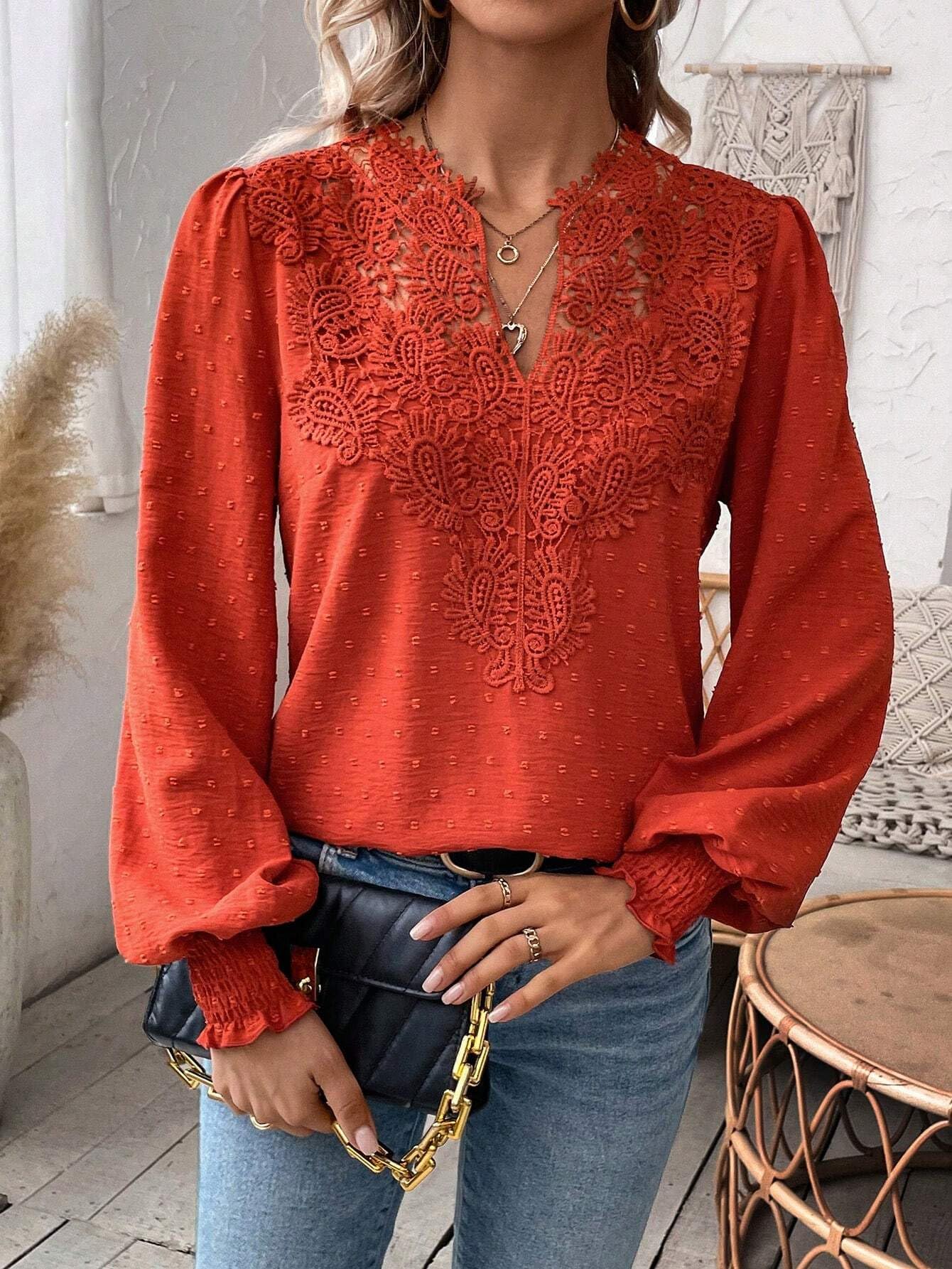 Camicetta da Donna in Pizzo, Elegante, Scollo a V, Volant, Maniche Lunghe, alla Moda, Stile Casual, Stile Bohémien