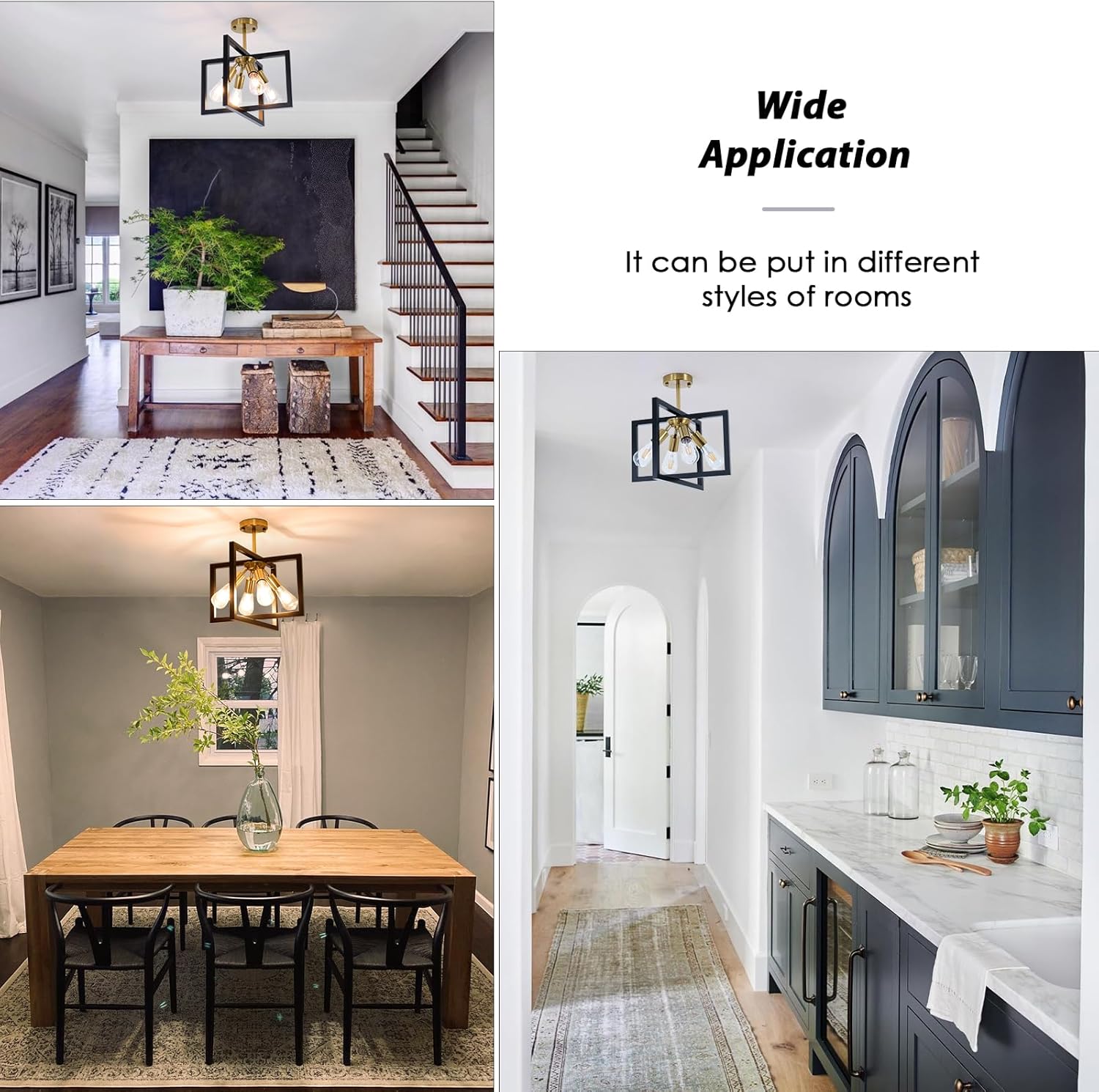Farmhouse Industrial Ceiling Light Fixtures, 4-Light Vintage Modern Rectangle Black Gold Flush Mount Light Fixture with Rotatable Metal Square Frame for Kitchen Hallway Entryway Foyer Living Bedroom